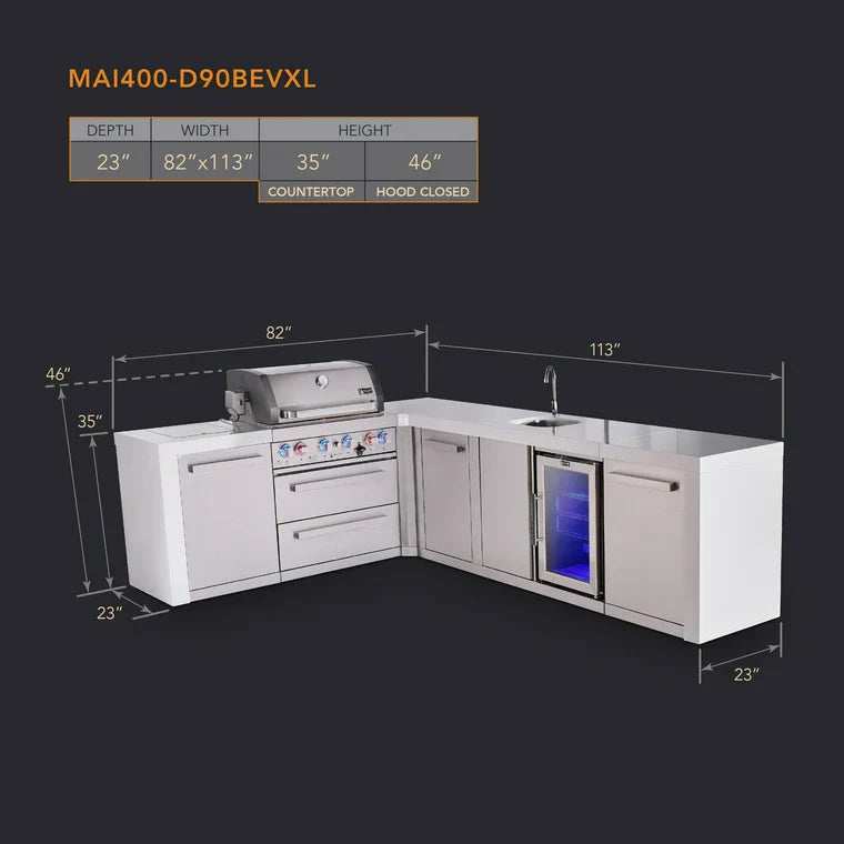 Mont Alpi 400 Deluxe BBQ Grill Island with L-Shape, Beverage Center & Extra Storage - MAi400-D90BEVXL