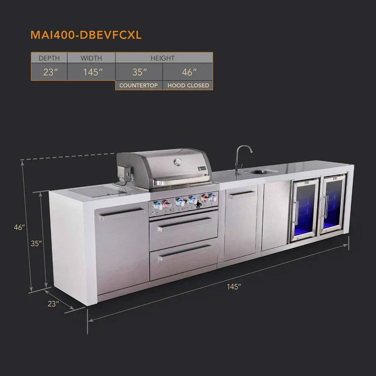 Mont Alpi 400 Deluxe BBQ Grill Island with Beverage Center, Extra Storage & Fridge - MAi400-DBEVFCXL