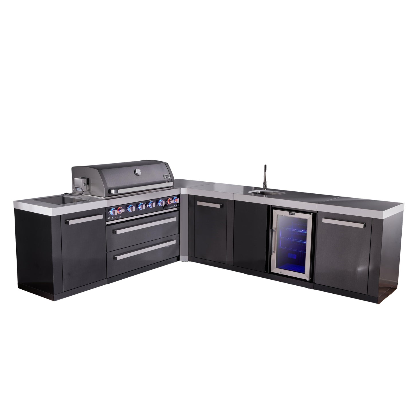 Mont Alpi 805 Black Stainless Steel BBQ Grill Island with L-Shape, Beverage Center & Extra Storage - MAi805-BSS90BEVXL