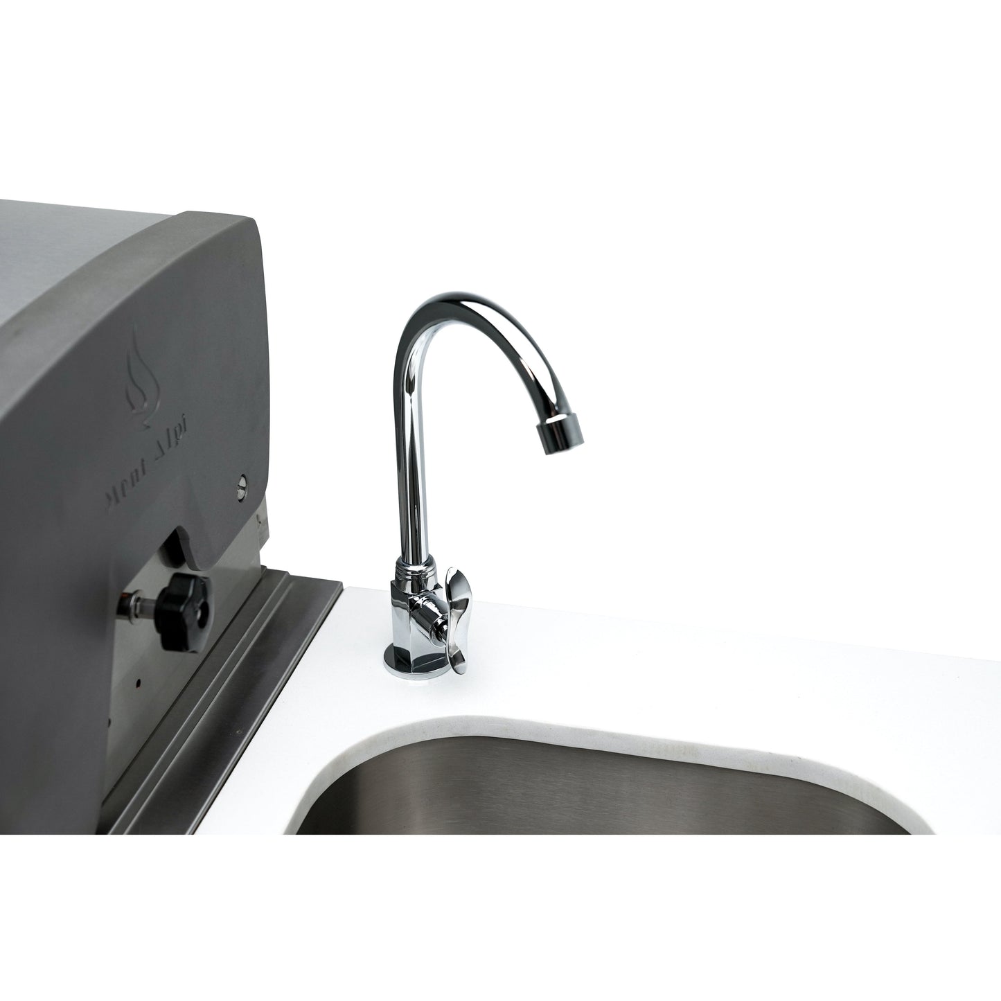 Mont Alpi 400 Deluxe BBQ Grill Island with L-Shape, Beverage Center, Kegerator, Kamado Module & Extra Drawer Storage - MAi400-D90KEGBEVKAMDR