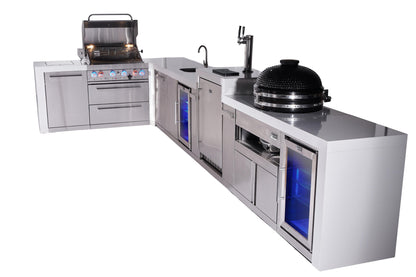 Mont Alpi 400 Deluxe BBQ Grill Island with L-Shape, Beverage Center, Kegerator, Kamado Module, Extra Storage & Fridge - MAi400-D90KEGBEVFCKAMXL