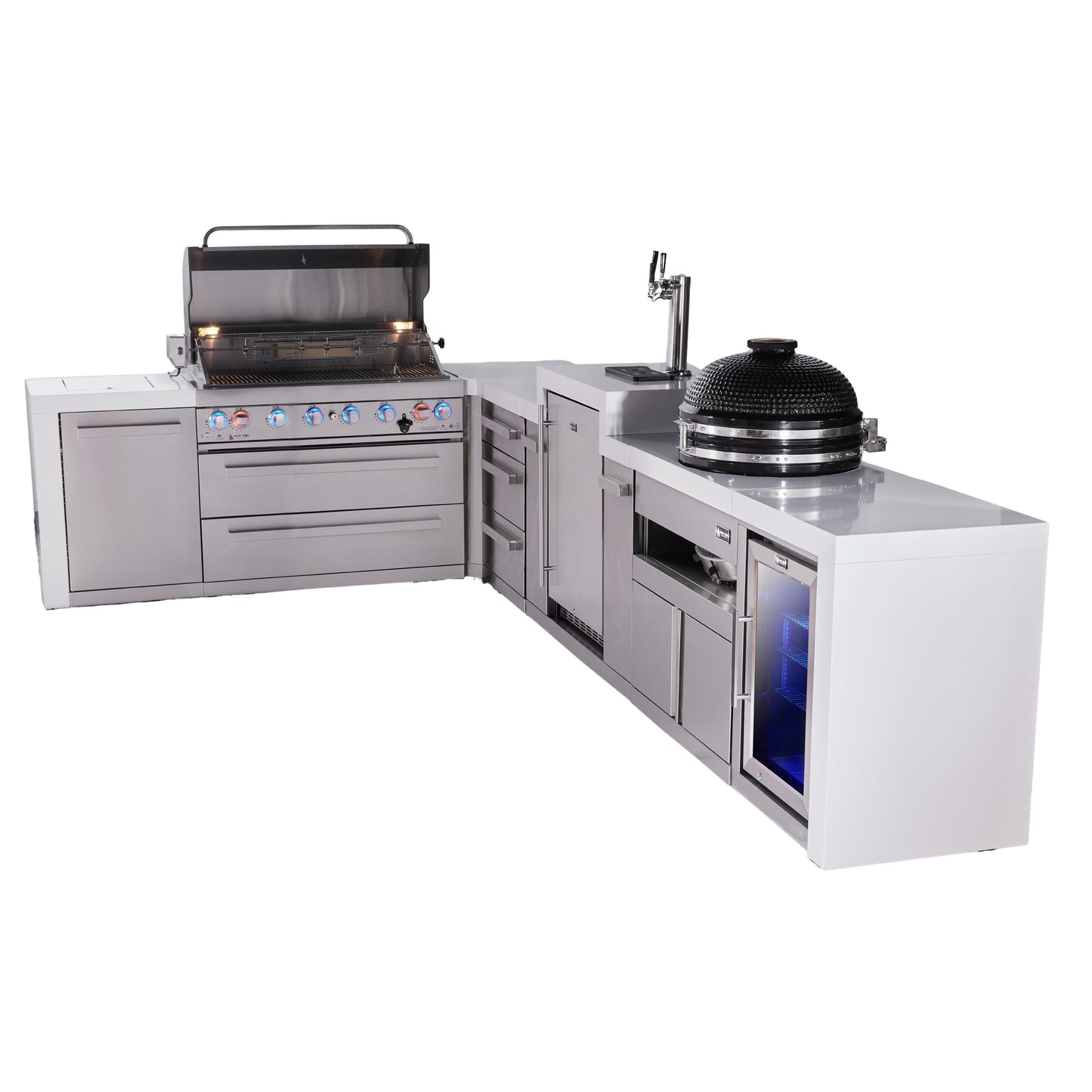 Mont Alpi 805 Deluxe BBQ Grill Island with L-Shape, Kegerator, Kamado Module, Extra Drawer Storage & Fridge - MAi805-D90KEGFCKAMDR