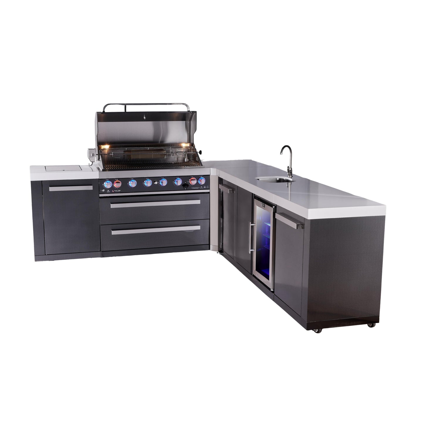 Mont Alpi 805 Black Stainless Steel BBQ Grill Island with L-Shape, Beverage Center & Extra Storage - MAi805-BSS90BEVXL