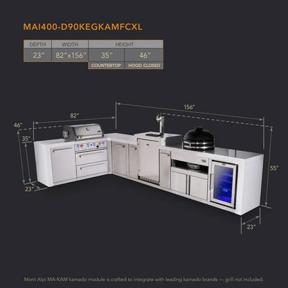 Mont Alpi 400 Deluxe BBQ Grill Island with L-Shape, Kegerator, Kamado Module, Extra Storage & Fridge - MAi400-D90KEGFCKAMXL