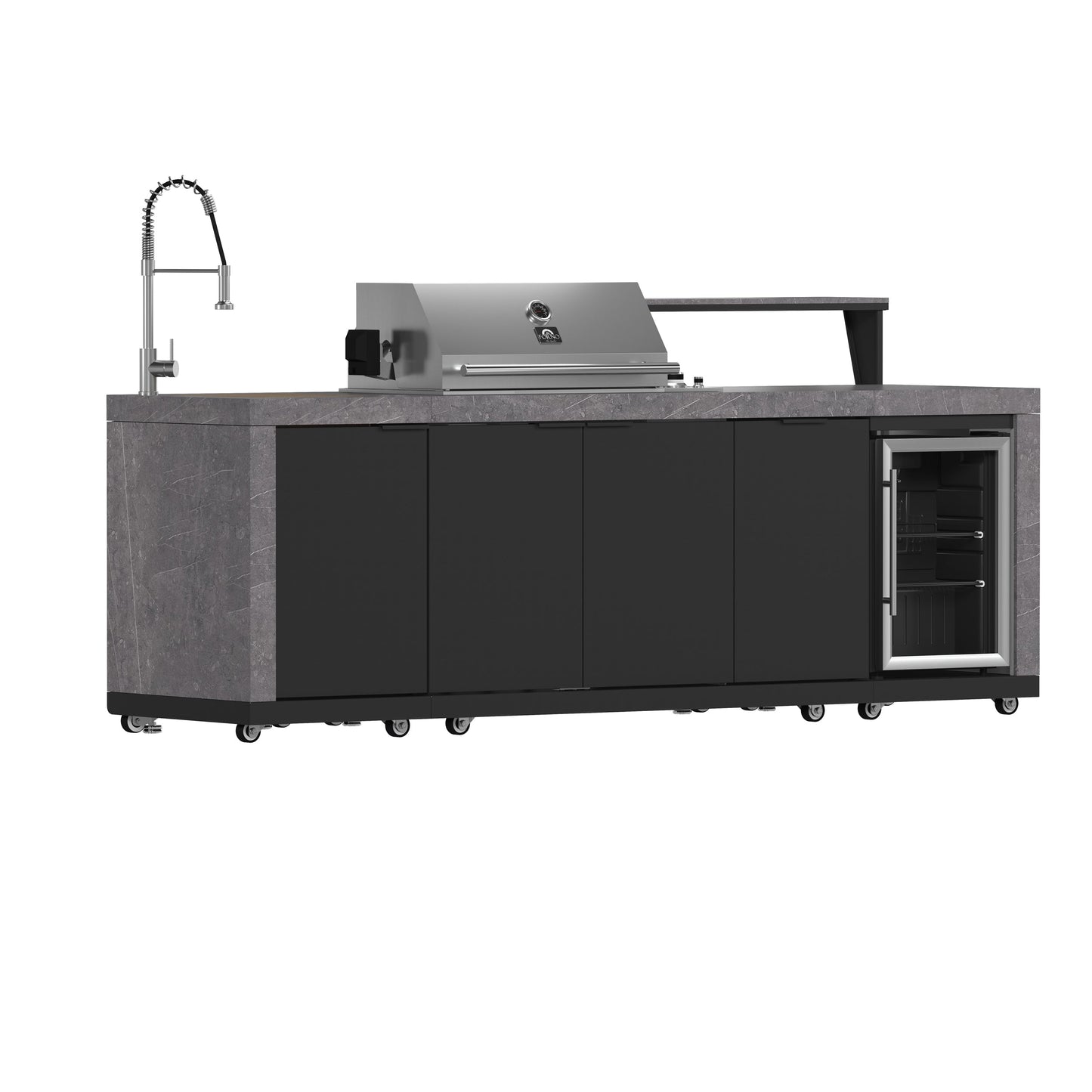 FORNO Rimini Outdoor Kitchen - 30" BBQ 62,600 BTU, 3 Burners with Sear & Rotisserie, 2.4 cu.ft. Beverage Center, Stainless Steel Sink, Black Cabinets & Gray Sintered Stone Countertops