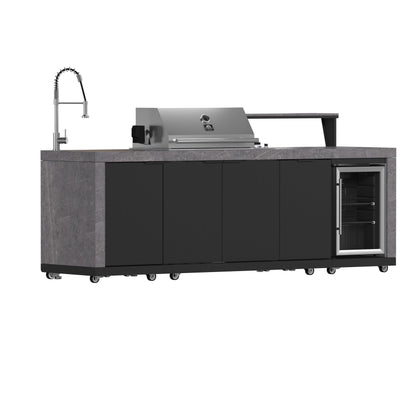 FORNO Rimini Outdoor Kitchen - 30" BBQ 62,600 BTU, 3 Burners with Sear & Rotisserie, 2.4 cu.ft. Beverage Center, Stainless Steel Sink, Black Cabinets & Gray Sintered Stone Countertops