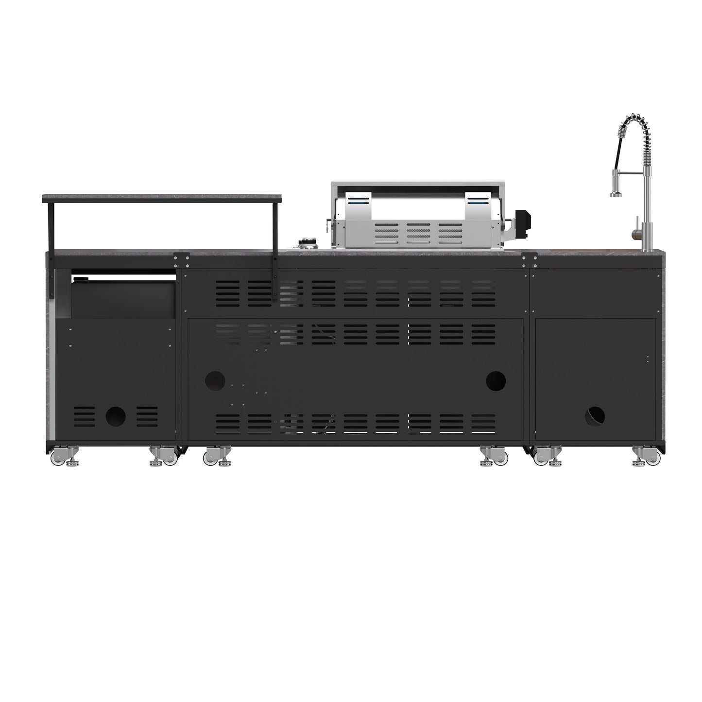 FORNO Rimini Outdoor Kitchen - 30" BBQ 62,600 BTU, 3 Burners with Sear & Rotisserie, 2.4 cu.ft. Beverage Center, Stainless Steel Sink, Black Cabinets & Gray Sintered Stone Countertops