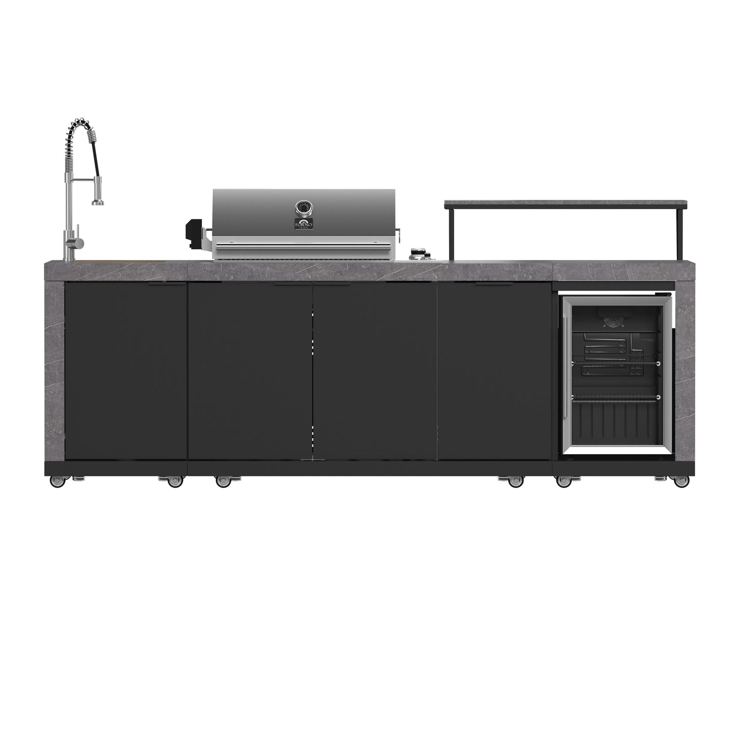 FORNO Rimini Outdoor Kitchen - 30" BBQ 62,600 BTU, 3 Burners with Sear & Rotisserie, 2.4 cu.ft. Beverage Center, Stainless Steel Sink, Black Cabinets & Gray Sintered Stone Countertops