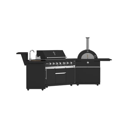 FORNO All’Aperto Outdoor Kitchen - 87,600 BTU BBQ with 4 Stainless-Steel Burners with Infrared Burners & Side Burner, Sink Module with Black Sintered Stone Countertops, Gaz Pizza Oven, Bar & Beverage Center