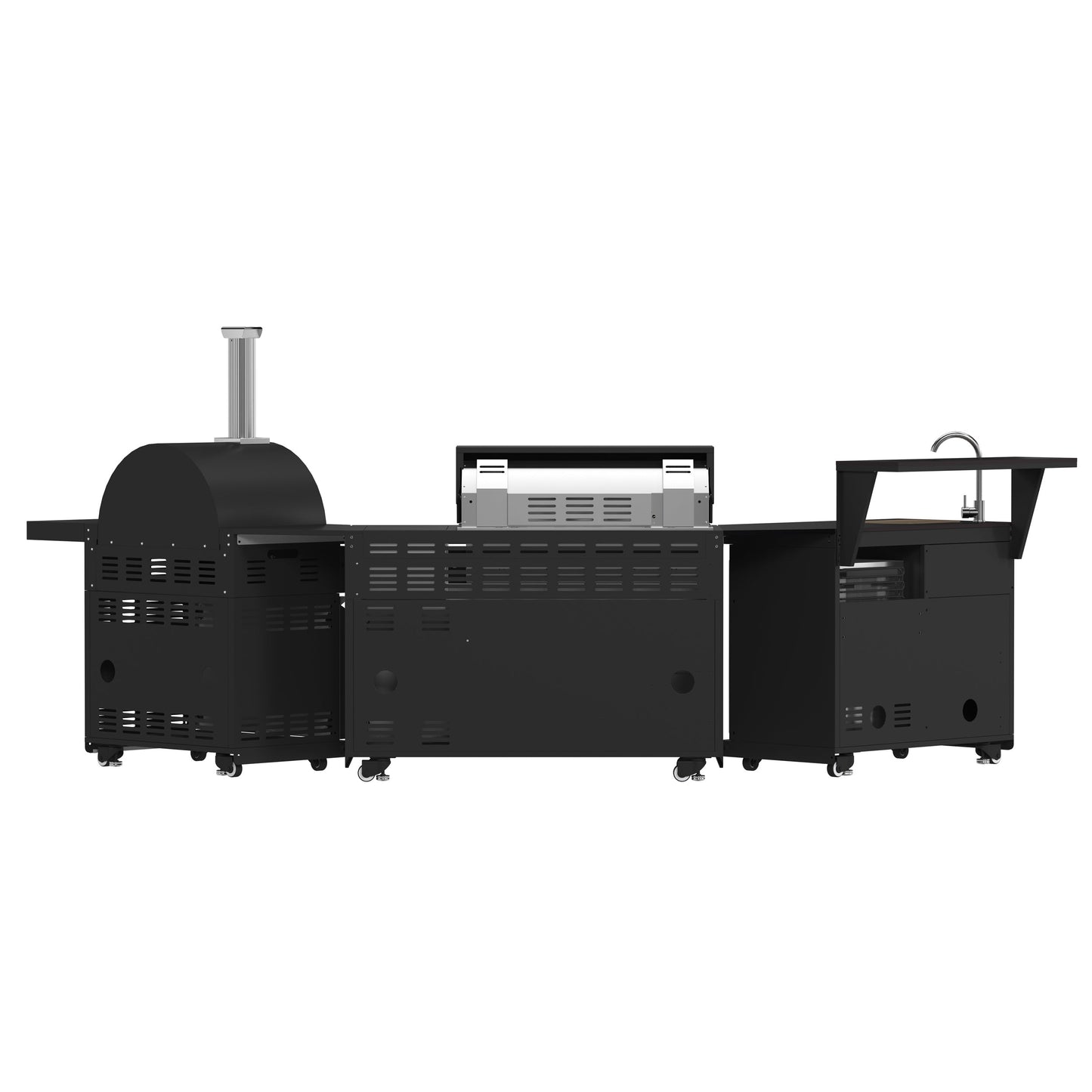 FORNO All’Aperto Outdoor Kitchen - 87,600 BTU BBQ with 4 Stainless-Steel Burners with Infrared Burners & Side Burner, Sink Module with Black Sintered Stone Countertops, Gaz Pizza Oven, Bar & Beverage Center