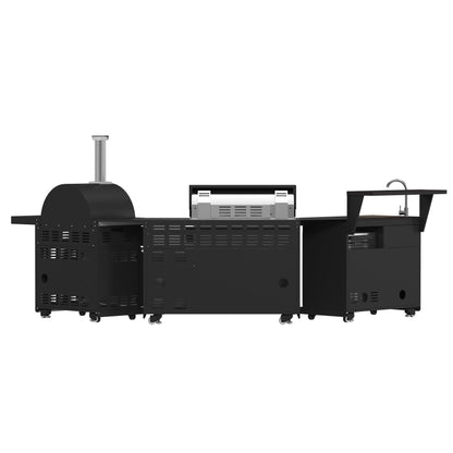 FORNO All’Aperto Outdoor Kitchen - 87,600 BTU BBQ with 4 Stainless-Steel Burners with Infrared Burners & Side Burner, Sink Module with Black Sintered Stone Countertops, Gaz Pizza Oven, Bar & Beverage Center