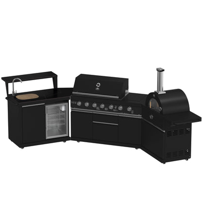 FORNO All’Aperto Outdoor Kitchen - 87,600 BTU BBQ with 4 Stainless-Steel Burners with Infrared Burners & Side Burner, Sink Module with Black Sintered Stone Countertops, Gaz Pizza Oven, Bar & Beverage Center