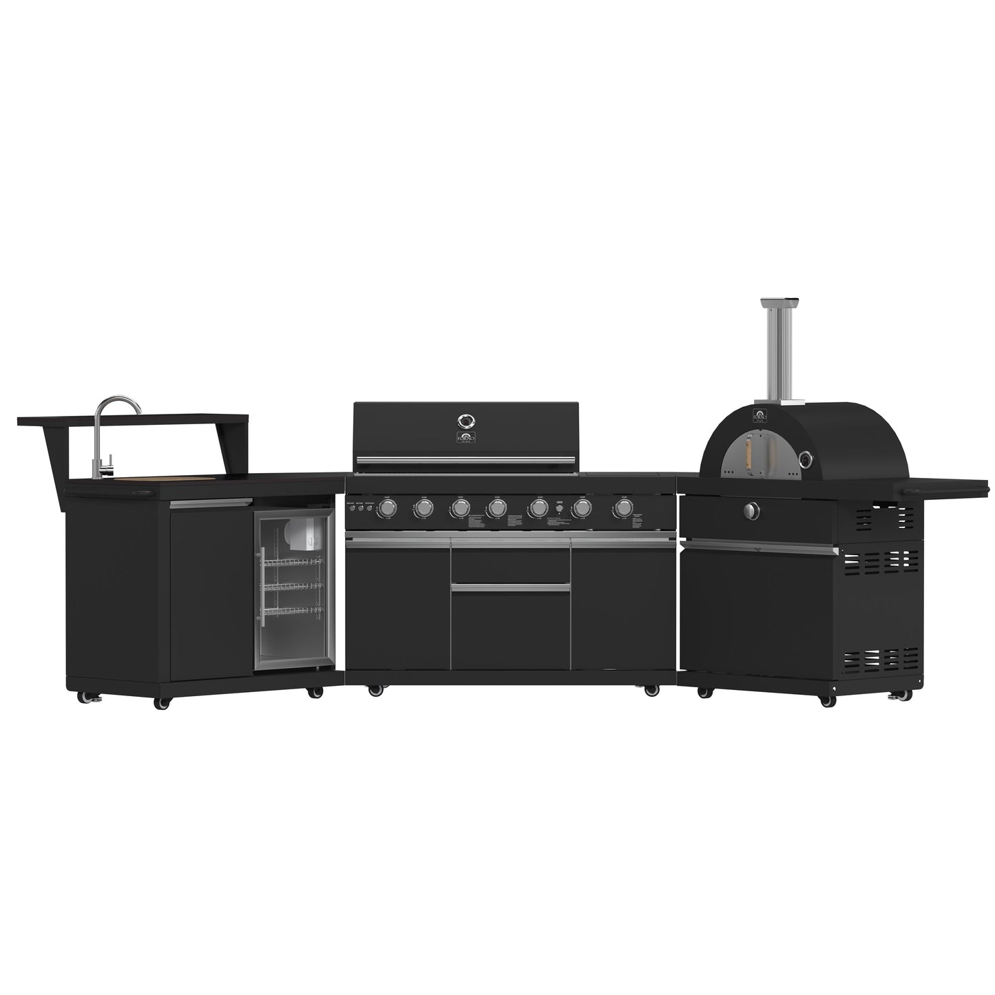 FORNO All’Aperto Outdoor Kitchen - 87,600 BTU BBQ with 4 Stainless-Steel Burners with Infrared Burners & Side Burner, Sink Module with Black Sintered Stone Countertops, Gaz Pizza Oven, Bar & Beverage Center