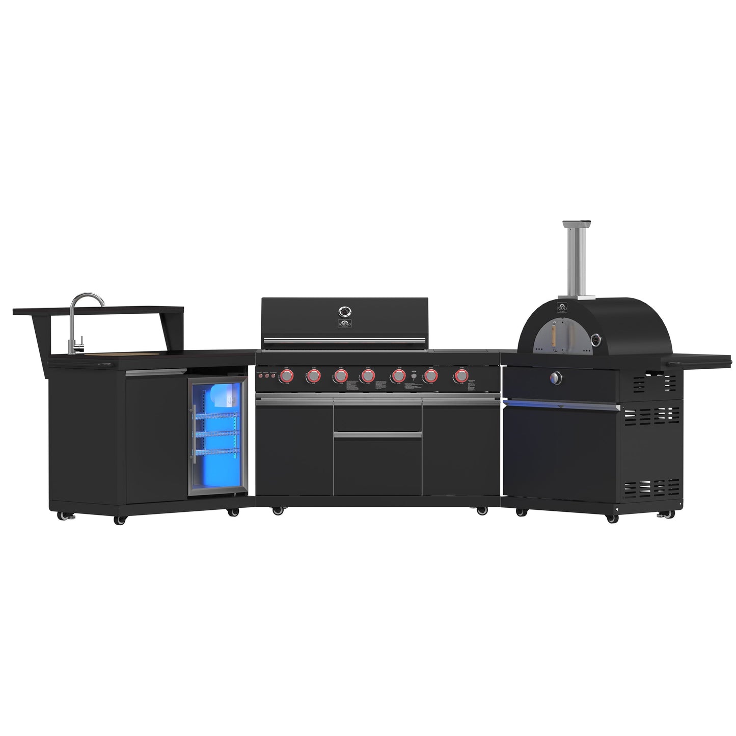 FORNO All’Aperto Outdoor Kitchen - 87,600 BTU BBQ with 4 Stainless-Steel Burners with Infrared Burners & Side Burner, Sink Module with Black Sintered Stone Countertops, Gaz Pizza Oven, Bar & Beverage Center
