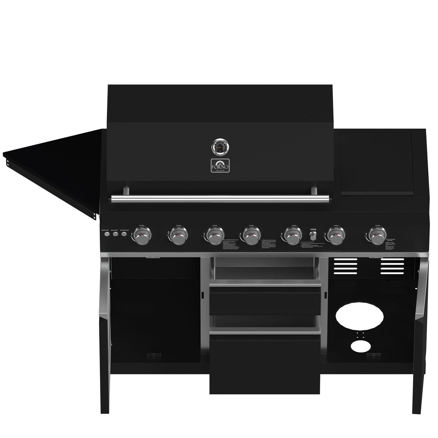 FORNO All’Aperto Outdoor Kitchen - 87,600 BTU BBQ with 4 Stainless-Steel Burners with Infrared Burners & Side Burner, Sink Module with Black Sintered Stone Countertops, Gaz Pizza Oven, Bar & Beverage Center