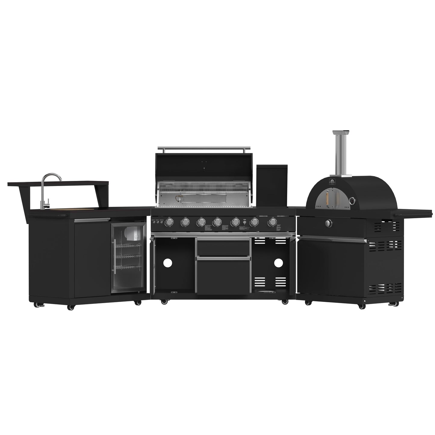 FORNO All’Aperto Outdoor Kitchen - 87,600 BTU BBQ with 4 Stainless-Steel Burners with Infrared Burners & Side Burner, Sink Module with Black Sintered Stone Countertops, Gaz Pizza Oven, Bar & Beverage Center