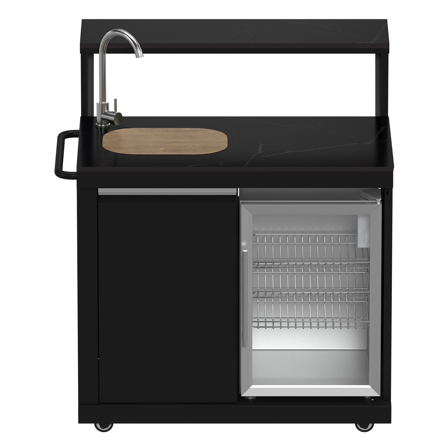 FORNO All’Aperto Outdoor Kitchen - 87,600 BTU BBQ with 4 Stainless-Steel Burners with Infrared Burners & Side Burner, Sink Module with Black Sintered Stone Countertops, Gaz Pizza Oven, Bar & Beverage Center