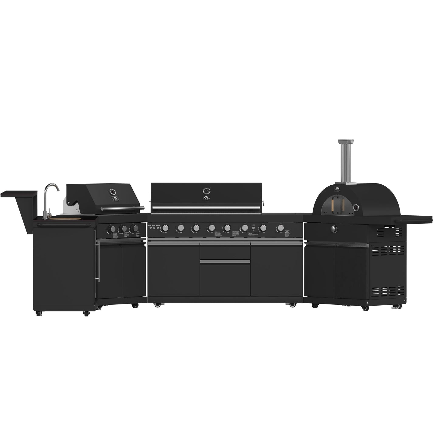 FORNO All’Aperto Outdoor Kitchen - 99,600 BTU BBQ with 5 Stainless-Steel Burners, Infrared Burners & Side Burner, 36,000 BTU Plancha, 19,000 BTU Gas Pizza Oven, Sink & Bar Module with Black Sintered Stone Countertops