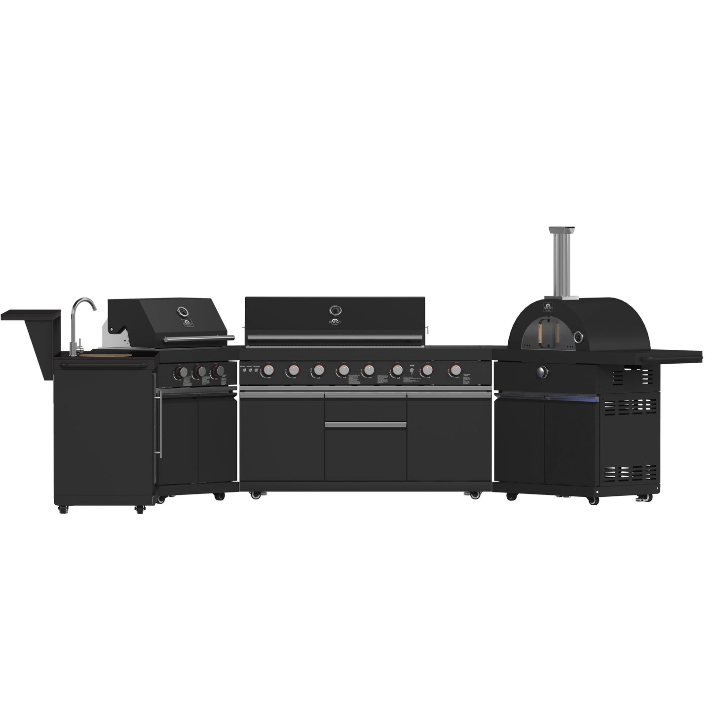 FORNO All’Aperto Outdoor Kitchen - 99,600 BTU BBQ with 5 Stainless-Steel Burners, Infrared Burners & Side Burner, 36,000 BTU Plancha, 19,000 BTU Gas Pizza Oven, Sink & Bar Module with Black Sintered Stone Countertops