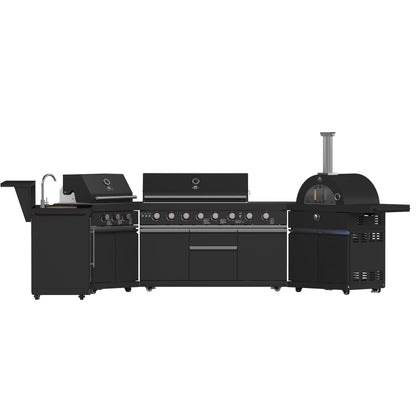FORNO All’Aperto Outdoor Kitchen - 99,600 BTU BBQ with 5 Stainless-Steel Burners, Infrared Burners & Side Burner, 36,000 BTU Plancha, 19,000 BTU Gas Pizza Oven, Sink & Bar Module with Black Sintered Stone Countertops