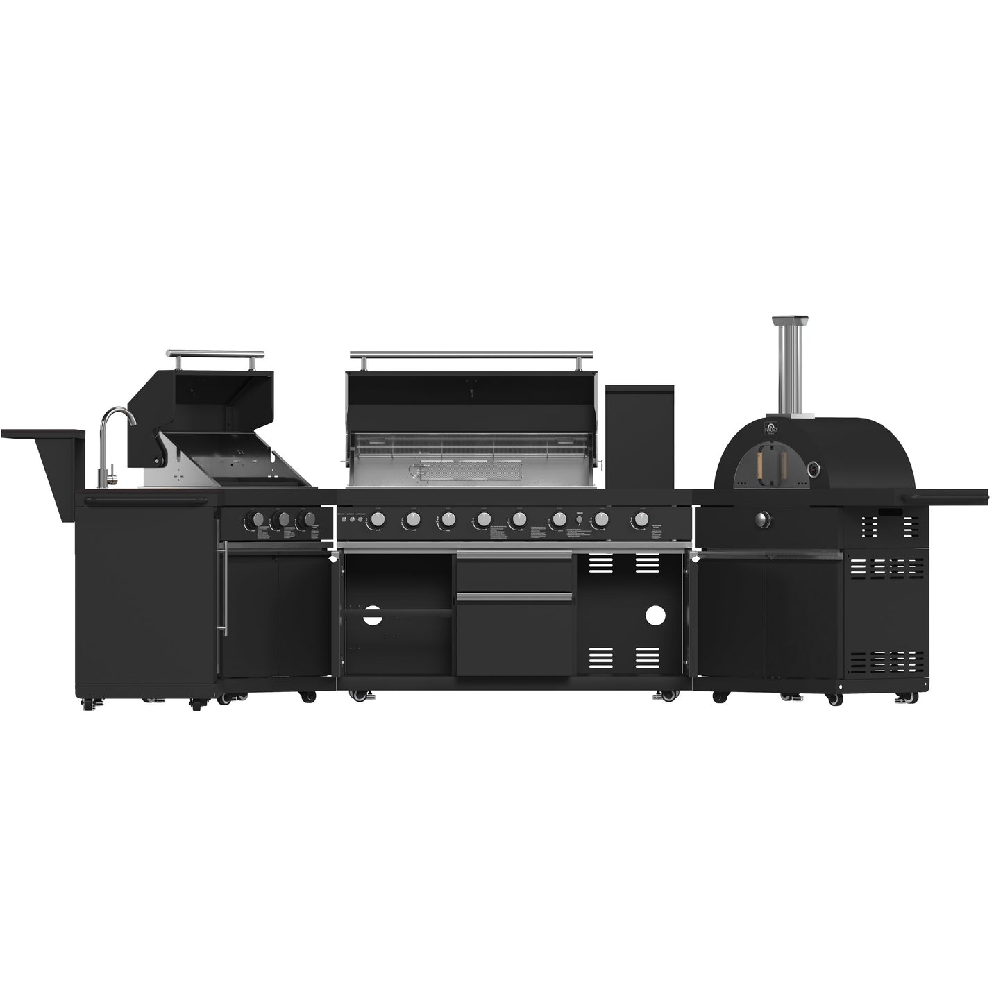 FORNO All’Aperto Outdoor Kitchen - 99,600 BTU BBQ with 5 Stainless-Steel Burners, Infrared Burners & Side Burner, 36,000 BTU Plancha, 19,000 BTU Gas Pizza Oven, Sink & Bar Module with Black Sintered Stone Countertops