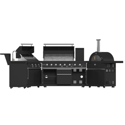 FORNO All’Aperto Outdoor Kitchen - 99,600 BTU BBQ with 5 Stainless-Steel Burners, Infrared Burners & Side Burner, 36,000 BTU Plancha, 19,000 BTU Gas Pizza Oven, Sink & Bar Module with Black Sintered Stone Countertops