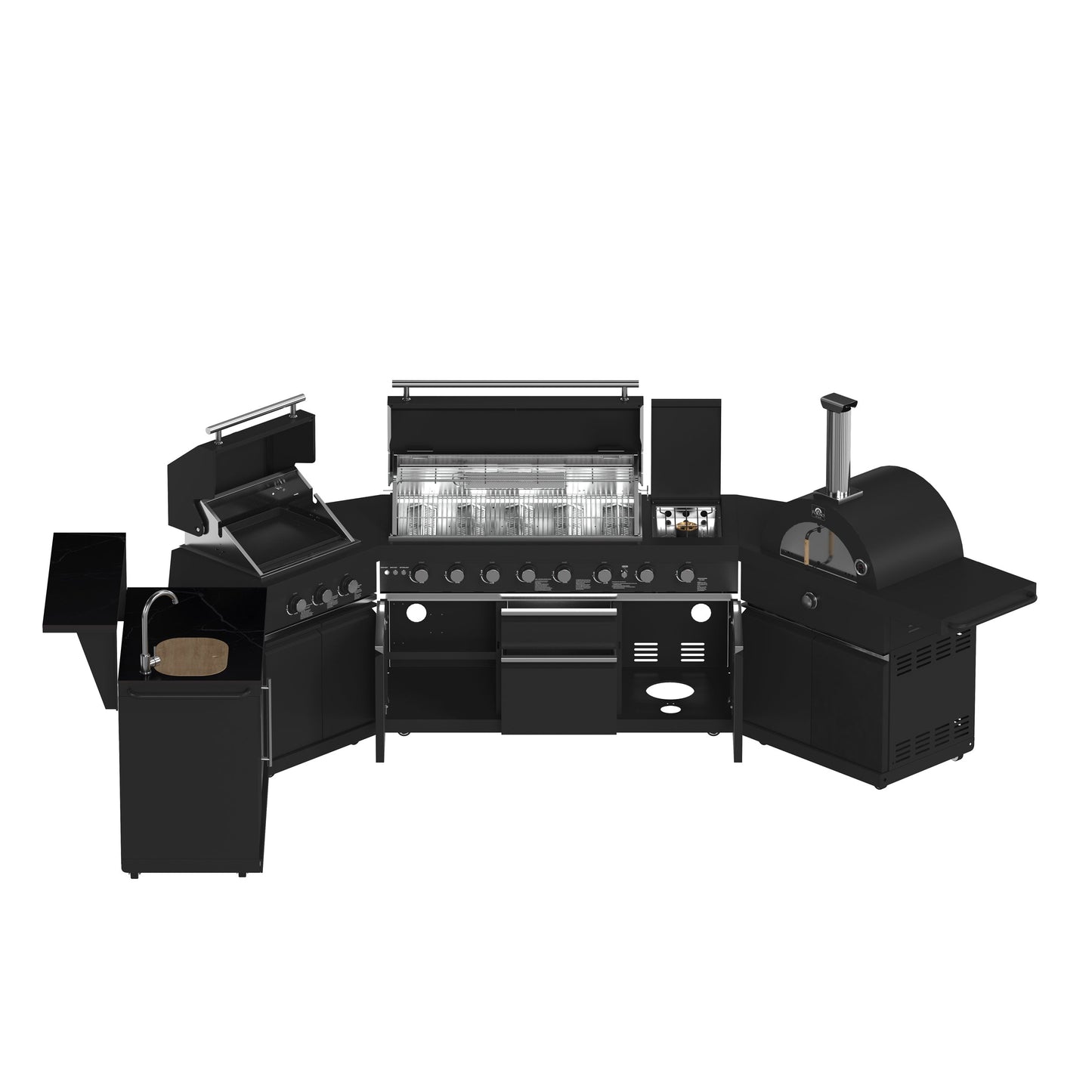 FORNO All’Aperto Outdoor Kitchen - 99,600 BTU BBQ with 5 Stainless-Steel Burners, Infrared Burners & Side Burner, 36,000 BTU Plancha, 19,000 BTU Gas Pizza Oven, Sink & Bar Module with Black Sintered Stone Countertops