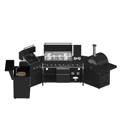 FORNO All’Aperto Outdoor Kitchen - 99,600 BTU BBQ with 5 Stainless-Steel Burners, Infrared Burners & Side Burner, 36,000 BTU Plancha, 19,000 BTU Gas Pizza Oven, Sink & Bar Module with Black Sintered Stone Countertops