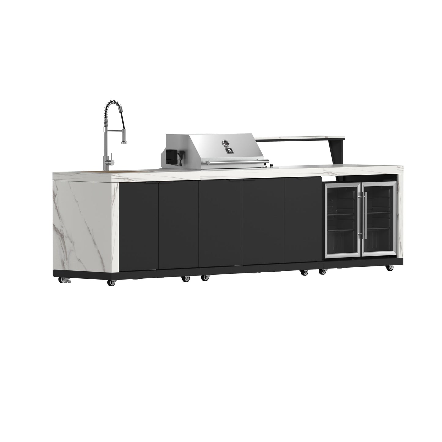 Forno Rimini Outdoor Kitchen - 30" BBQ, 62,600 BTU, 3 Burners with Sear & Rotisserie, 4.8 cu.ft. Beverage Center, Stainless Steel Double Sink, Black Cabinets & White Sintered Stone Countertops
