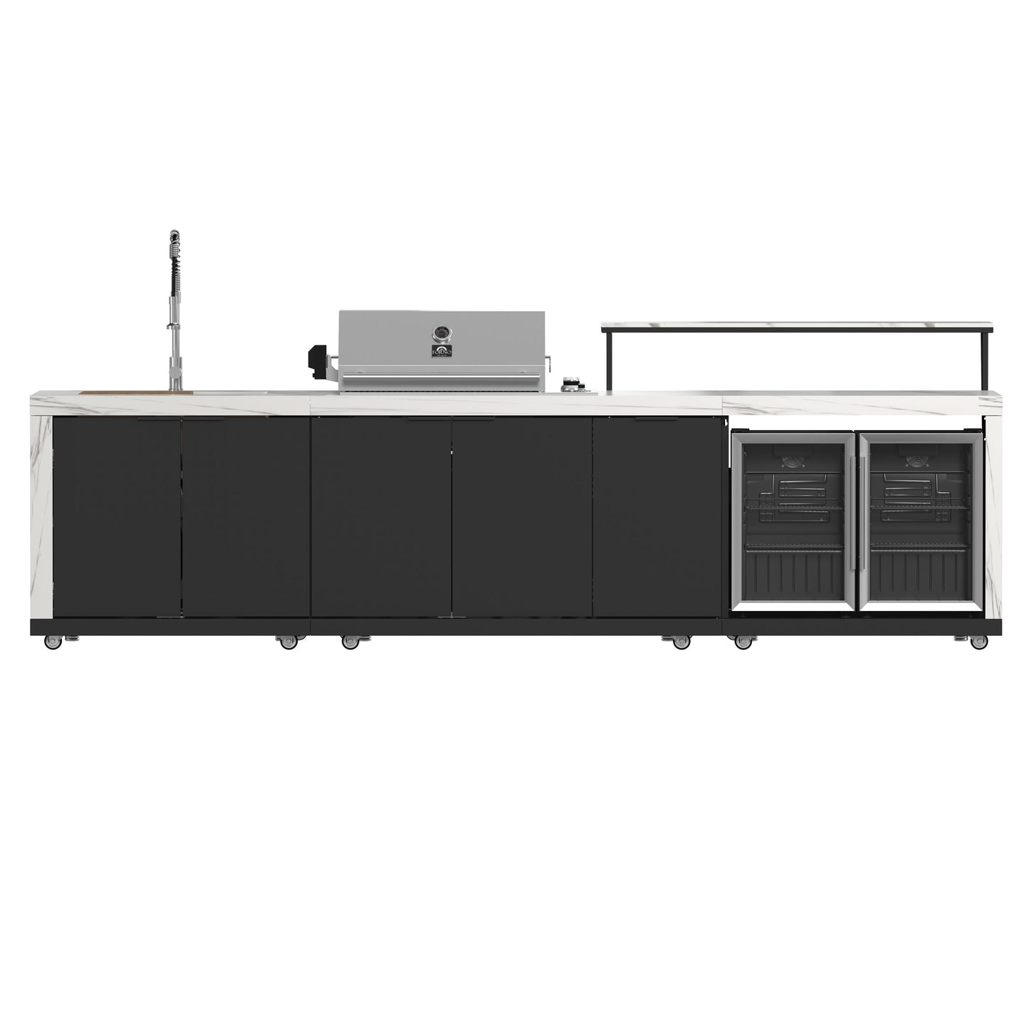 Forno Rimini Outdoor Kitchen - 30" BBQ, 62,600 BTU, 3 Burners with Sear & Rotisserie, 4.8 cu.ft. Beverage Center, Stainless Steel Double Sink, Black Cabinets & White Sintered Stone Countertops