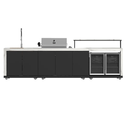 Forno Rimini Outdoor Kitchen - 30" BBQ, 62,600 BTU, 3 Burners with Sear & Rotisserie, 4.8 cu.ft. Beverage Center, Stainless Steel Double Sink, Black Cabinets & White Sintered Stone Countertops