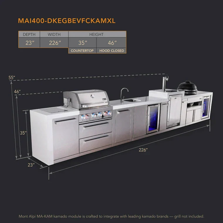Mont Alpi 400 Deluxe BBQ Grill Island with Beverage Center, Kegerator, Kamado Module, Extra Storage & Fridge - MAi400-DKEGBEVFCKAMXL