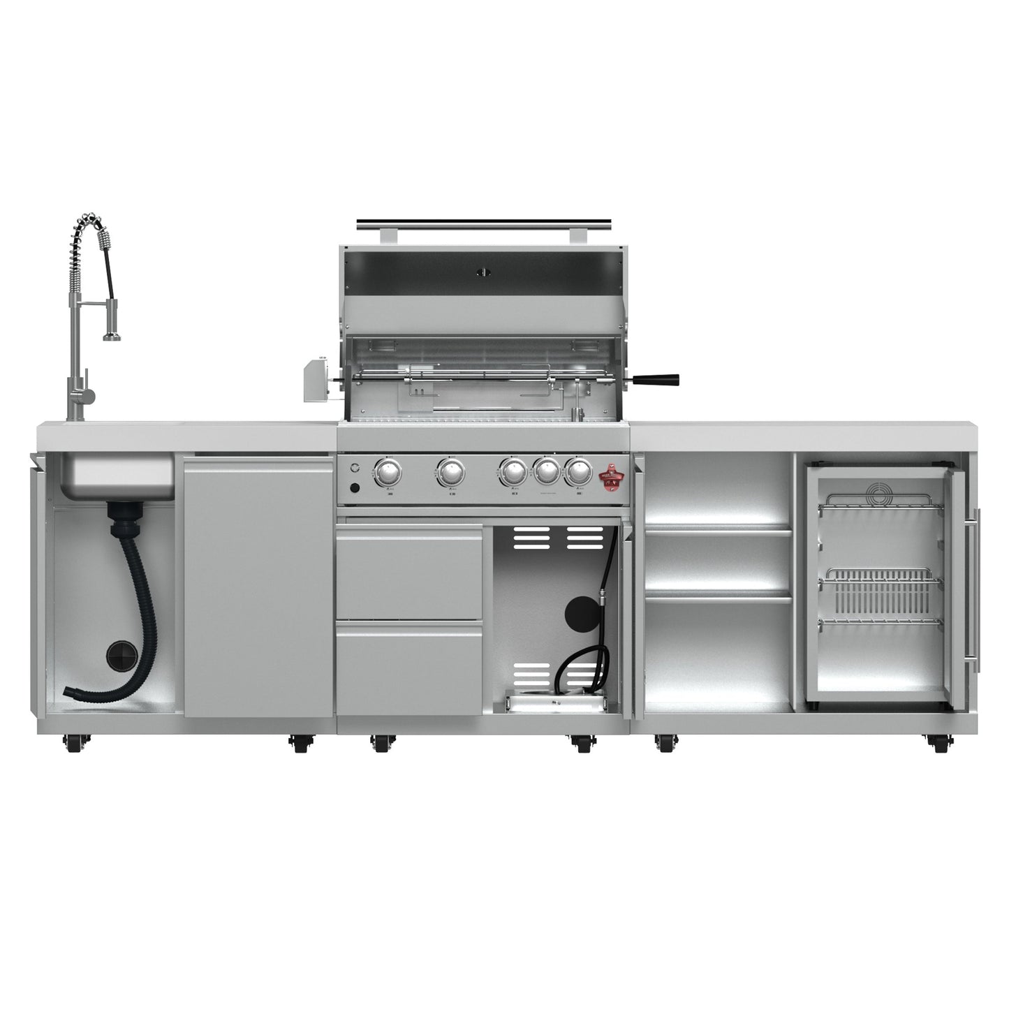 FORNO Bulnes Outdoor Kitchen - 30" BBQ, 60,000 BTU, 3 Burners with Sear & Rotisserie Infrared Burners, Stainless Steel Outdoor Kitchen with 1.8 cu.ft. Beverage Center and Black Granite Countertops