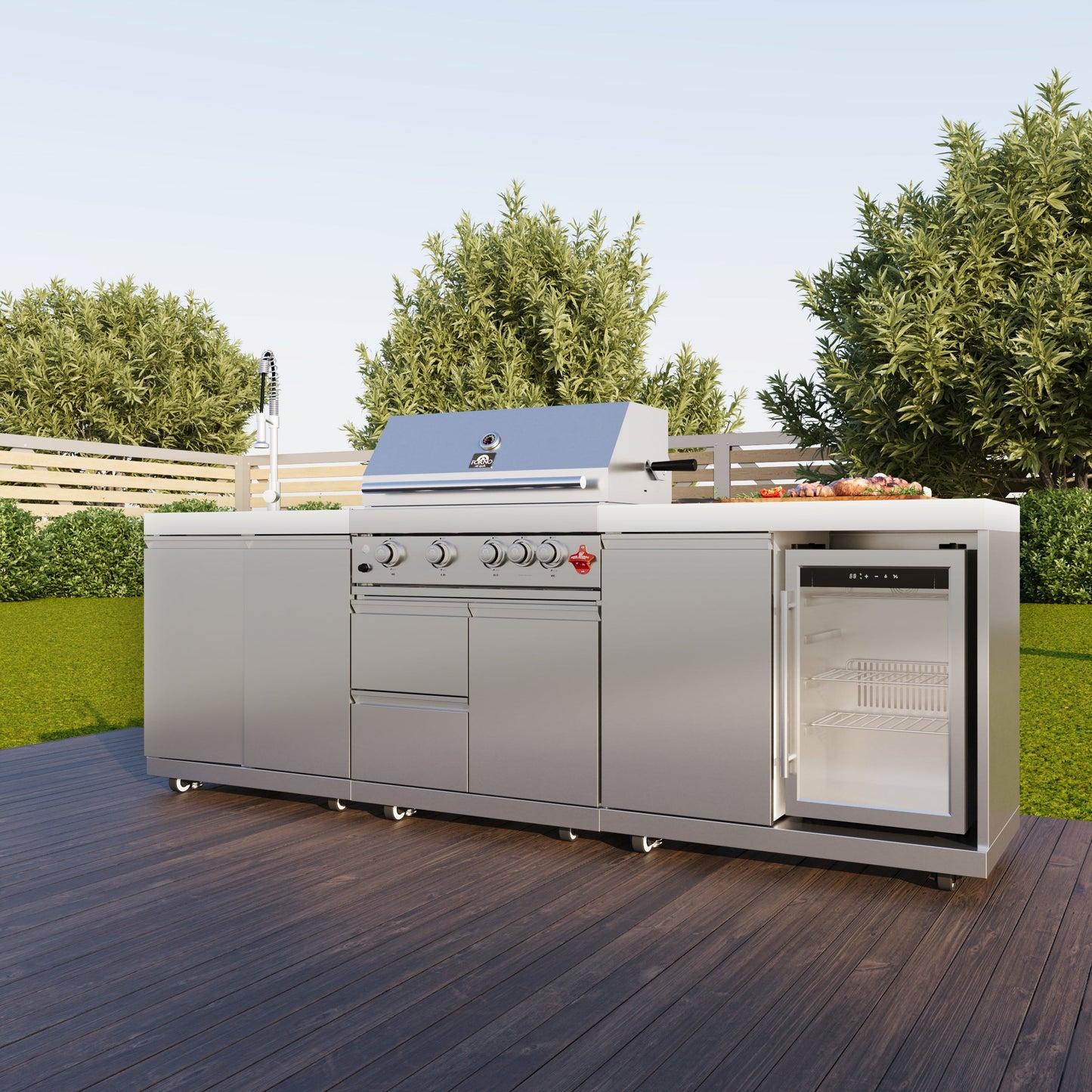FORNO Bulnes Outdoor Kitchen - 30" BBQ, 60,000 BTU, 3 Burners with Sear & Rotisserie Infrared Burners, Stainless Steel Outdoor Kitchen with 1.8 cu.ft. Beverage Center and Black Granite Countertops