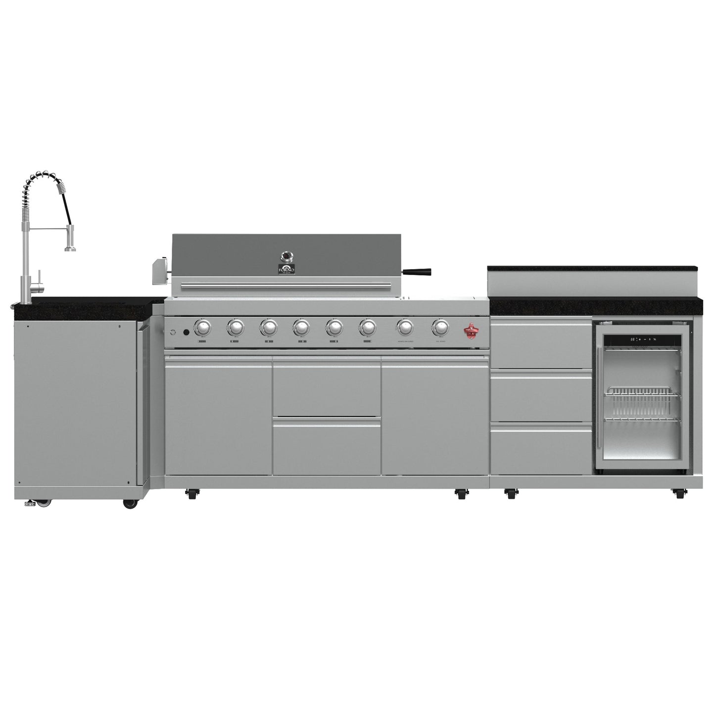 FORNO Bulnes Outdoor Kitchen - 40" BBQ, 95,000 BTU, 5 Burners, Sear & Rotisserie Infrared with Side Burner, Stainless Steel Outdoor Kitchen with 1.8 cu.ft. Beverage Center and Black Granite Countertops