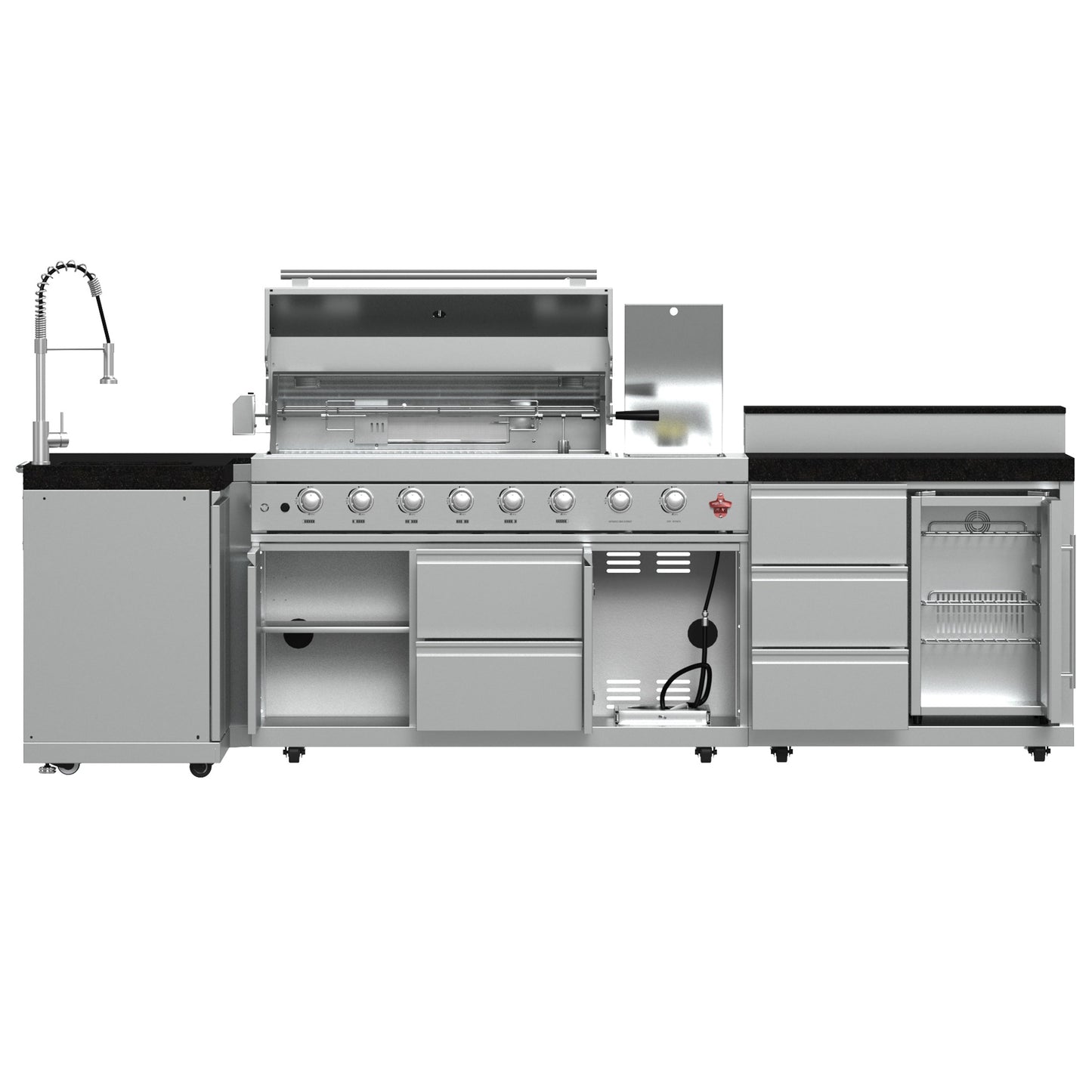 FORNO Bulnes Outdoor Kitchen - 40" BBQ, 95,000 BTU, 5 Burners, Sear & Rotisserie Infrared with Side Burner, Stainless Steel Outdoor Kitchen with 1.8 cu.ft. Beverage Center and Black Granite Countertops