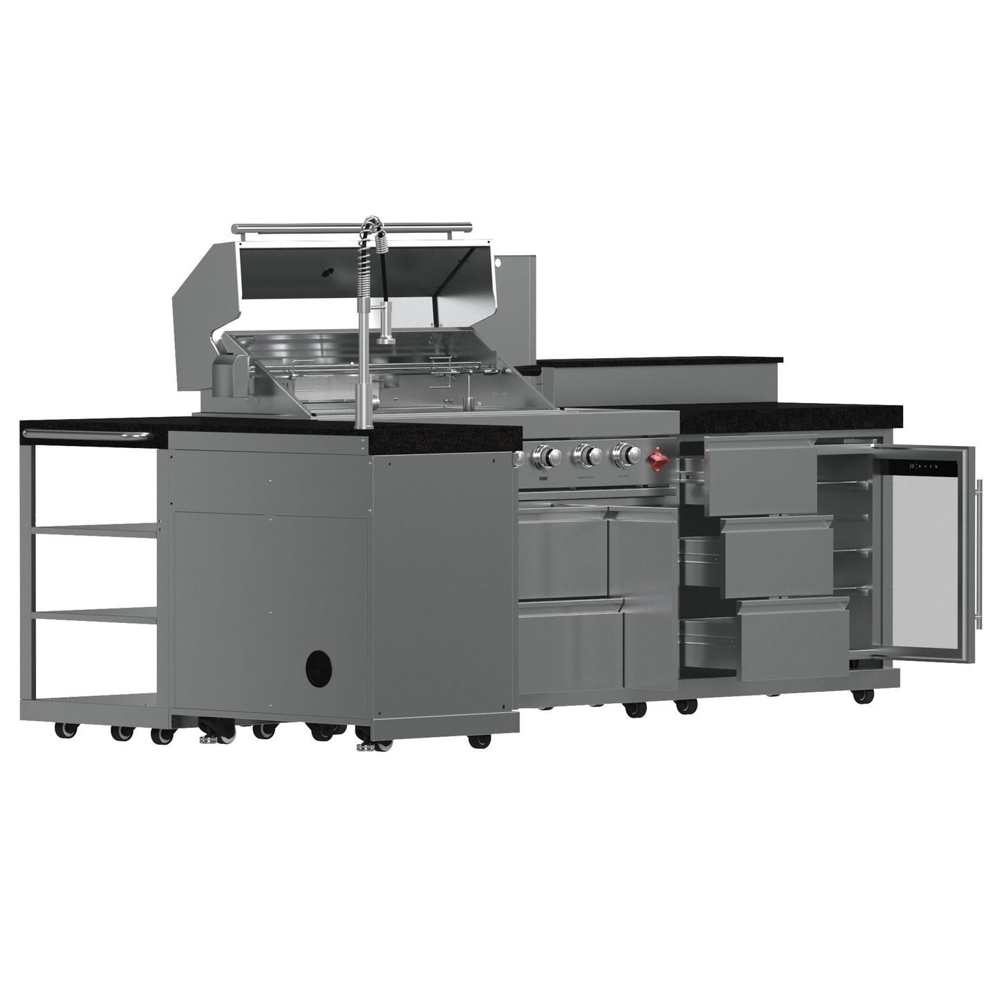 FORNO Bulnes Outdoor Kitchen - 40" BBQ, 95,000 BTU, 5 Burners, Sear & Rotisserie Infrared with Side Burner, Stainless Steel Outdoor Kitchen with 1.8 cu.ft. Beverage Center and Black Granite Countertops