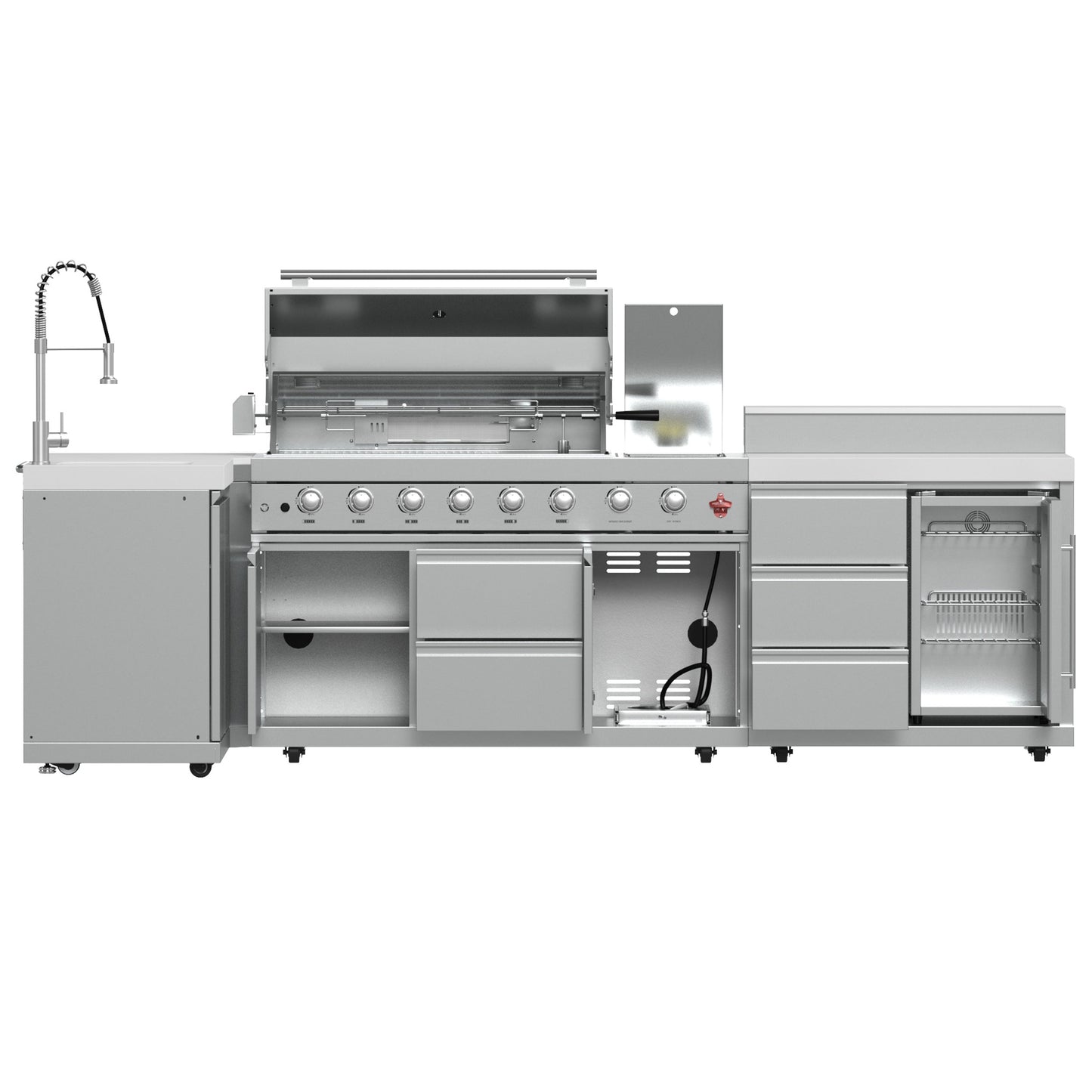 FORNO Bulnes Outdoor Kitchen - 40" BBQ, 95,000 BTU, 5 Burners, Sear & Rotisserie Infrared with Side Burner, Stainless Steel Outdoor Kitchen with 1.8 cu.ft. Beverage Center & White Sintered Stone Countertops