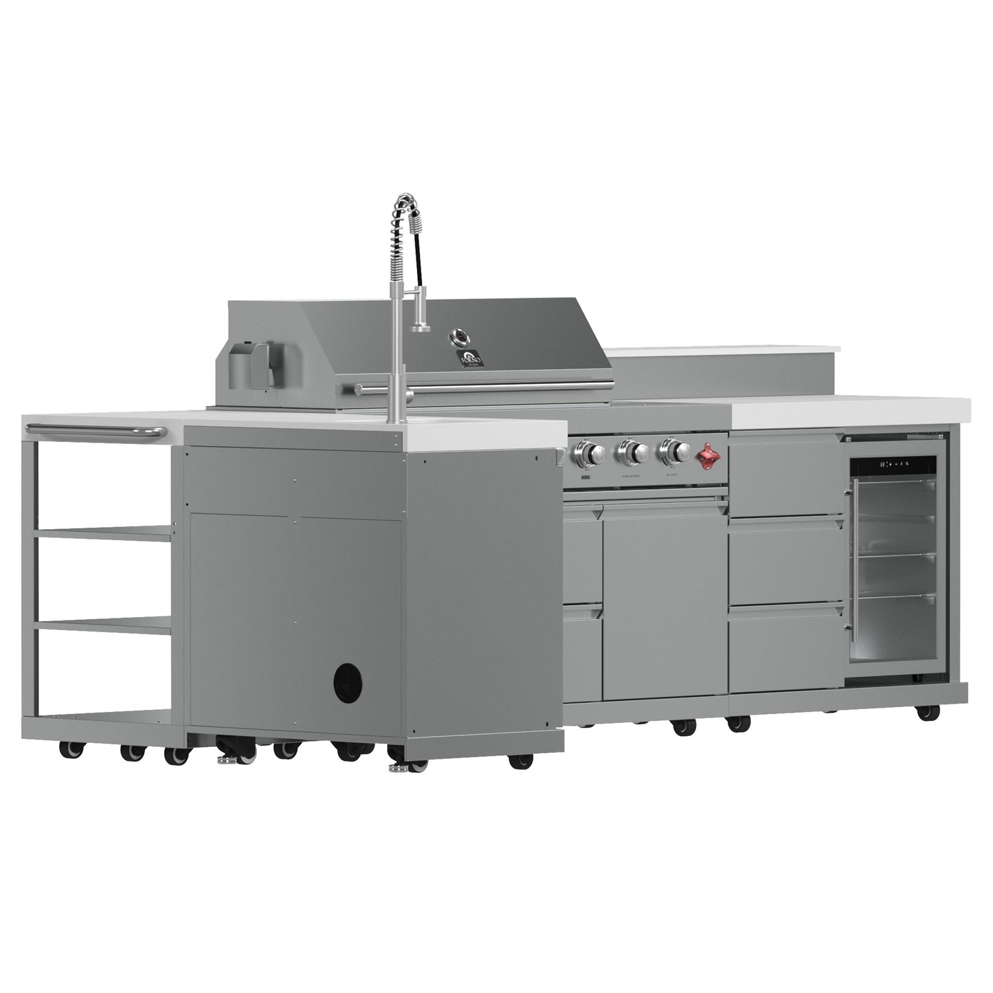 FORNO Bulnes Outdoor Kitchen - 40" BBQ, 95,000 BTU, 5 Burners, Sear & Rotisserie Infrared with Side Burner, Stainless Steel Outdoor Kitchen with 1.8 cu.ft. Beverage Center & White Sintered Stone Countertops