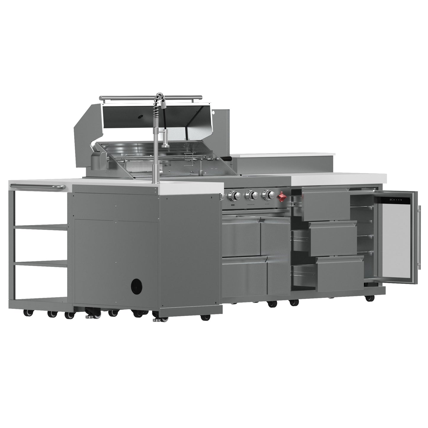 FORNO Bulnes Outdoor Kitchen - 40" BBQ, 95,000 BTU, 5 Burners, Sear & Rotisserie Infrared with Side Burner, Stainless Steel Outdoor Kitchen with 1.8 cu.ft. Beverage Center & White Sintered Stone Countertops