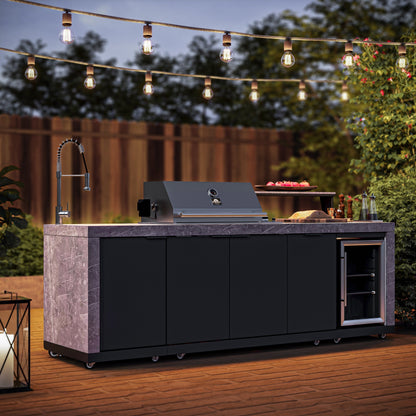 FORNO Rimini Outdoor Kitchen - 30" BBQ 62,600 BTU, 3 Burners with Sear & Rotisserie, 2.4 cu.ft. Beverage Center, Stainless Steel Sink, Black Cabinets & Gray Sintered Stone Countertops