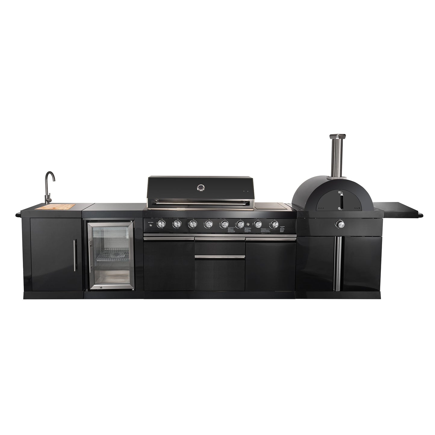 FORNO All’Aperto Outdoor Kitchen - 87,600 BTU BBQ with 4 Stainless-Steel Burners with Infrared Burners & Side Burner, Sink Module with Black Sintered Stone Countertops, Gaz Pizza Oven, Bar & Beverage Center