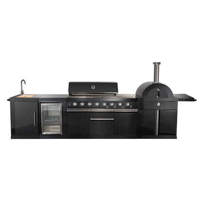 FORNO All’Aperto Outdoor Kitchen - 87,600 BTU BBQ with 4 Stainless-Steel Burners with Infrared Burners & Side Burner, Sink Module with Black Sintered Stone Countertops, Gaz Pizza Oven, Bar & Beverage Center