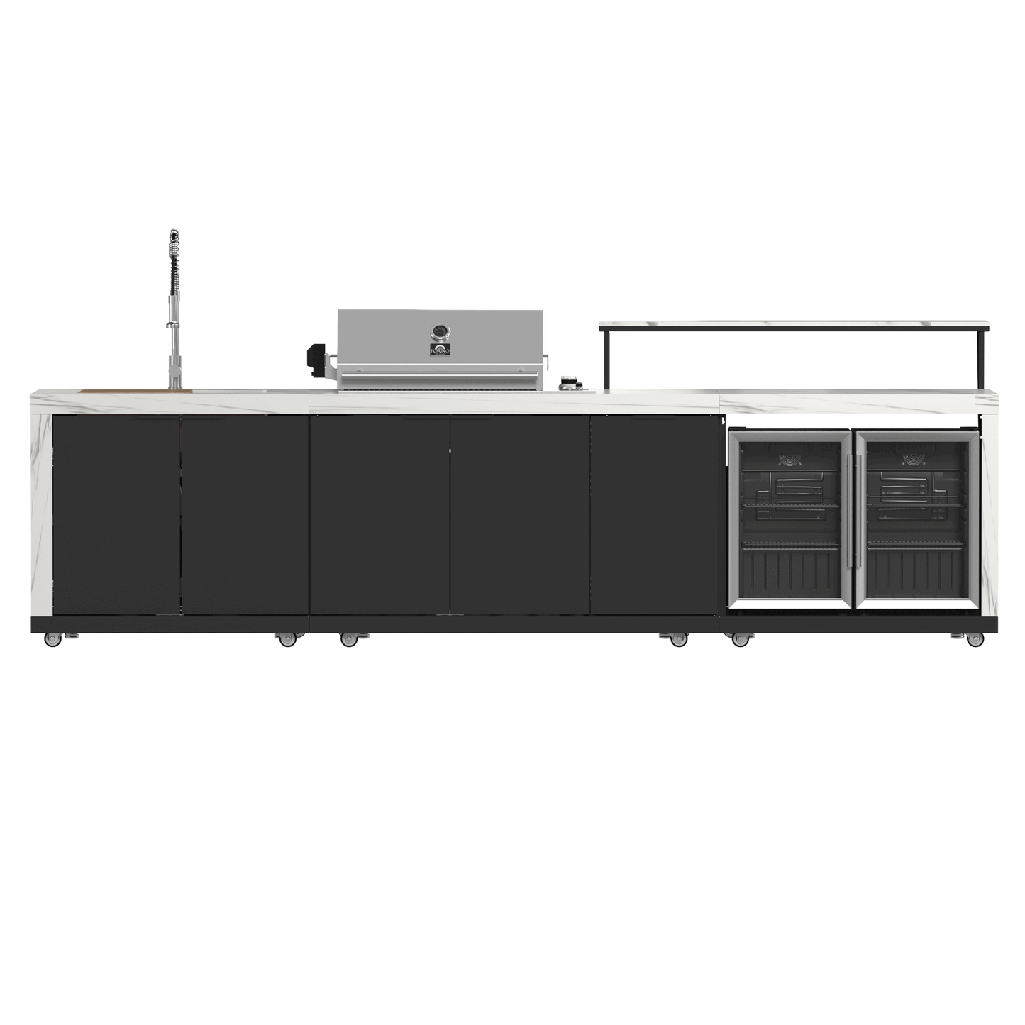 Forno Rimini Outdoor Kitchen - 30" BBQ, 62,600 BTU, 3 Burners with Sear & Rotisserie, 4.8 cu.ft. Beverage Center, Stainless Steel Double Sink, Black Cabinets & White Sintered Stone Countertops