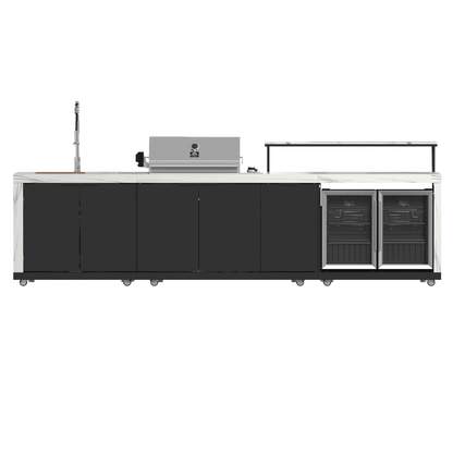 Forno Rimini Outdoor Kitchen - 30" BBQ, 62,600 BTU, 3 Burners with Sear & Rotisserie, 4.8 cu.ft. Beverage Center, Stainless Steel Double Sink, Black Cabinets & White Sintered Stone Countertops