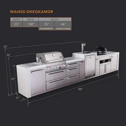 Mont Alpi 400 Deluxe BBQ Grill Island with Kegerator, Kamado Module & Extra Drawer Storage - MAi400-DKEGKAMDR