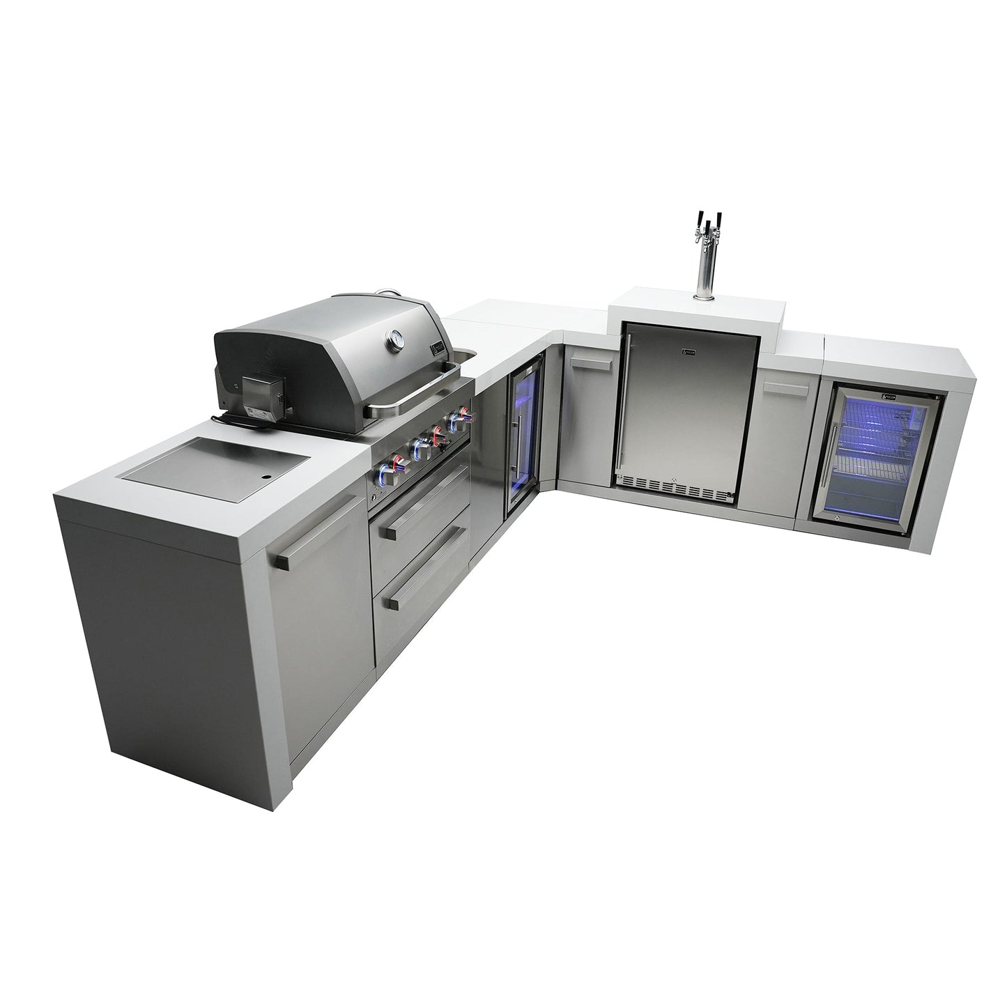 Mont Alpi 400 Deluxe BBQ Grill Island with L-Shape, Kegerator, Beverage Center & Fridge Cabinet - MAi400-D90KEGBEVFC