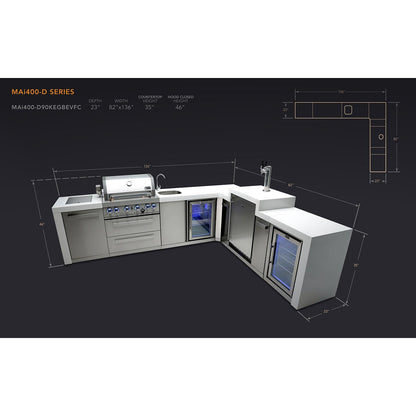 Mont Alpi 400 Deluxe BBQ Grill Island with L-Shape, Kegerator, Beverage Center & Fridge Cabinet - MAi400-D90KEGBEVFC