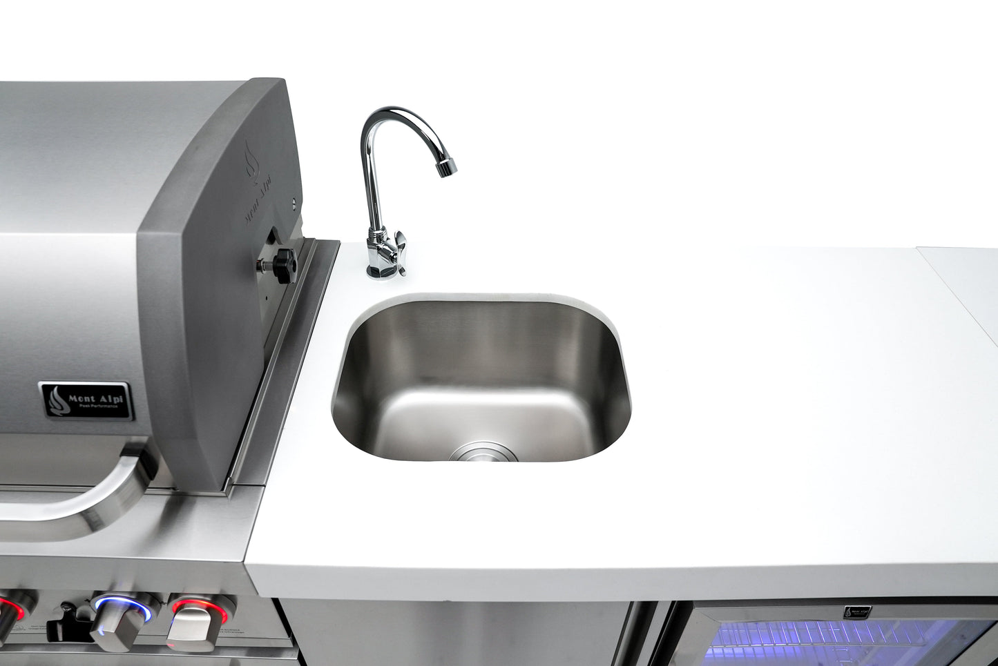 Mont Alpi 400 Deluxe BBQ Grill Island with L-Shape, Beverage Center, Kegerator, Extra Storage & Fridge - MAi400-D90KEGBEVFCXL