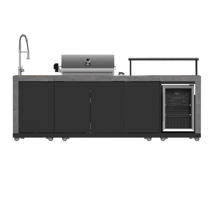FORNO Rimini Outdoor Kitchen - 30" BBQ 62,600 BTU, 3 Burners with Sear & Rotisserie, 2.4 cu.ft. Beverage Center, Stainless Steel Sink, Black Cabinets & Gray Sintered Stone Countertops